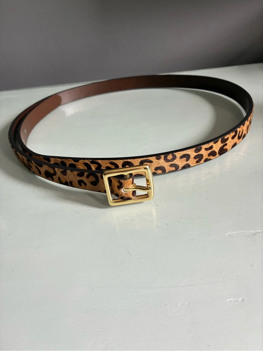 Leopard Print  Calf Hair Slim Belt with Gold Buckle - Brown